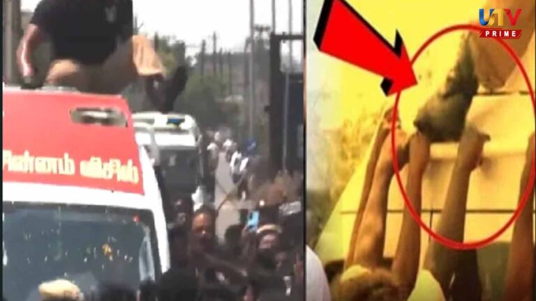 விஜய் வாகனத்தில் தொற்றிய தொண்டர்கள்.. பூட்ஸ் காலால் எட்டி உதைத்த சம்பவம்..! vijay-campaign-bouncer-stamps-fans-fingers-viral-video